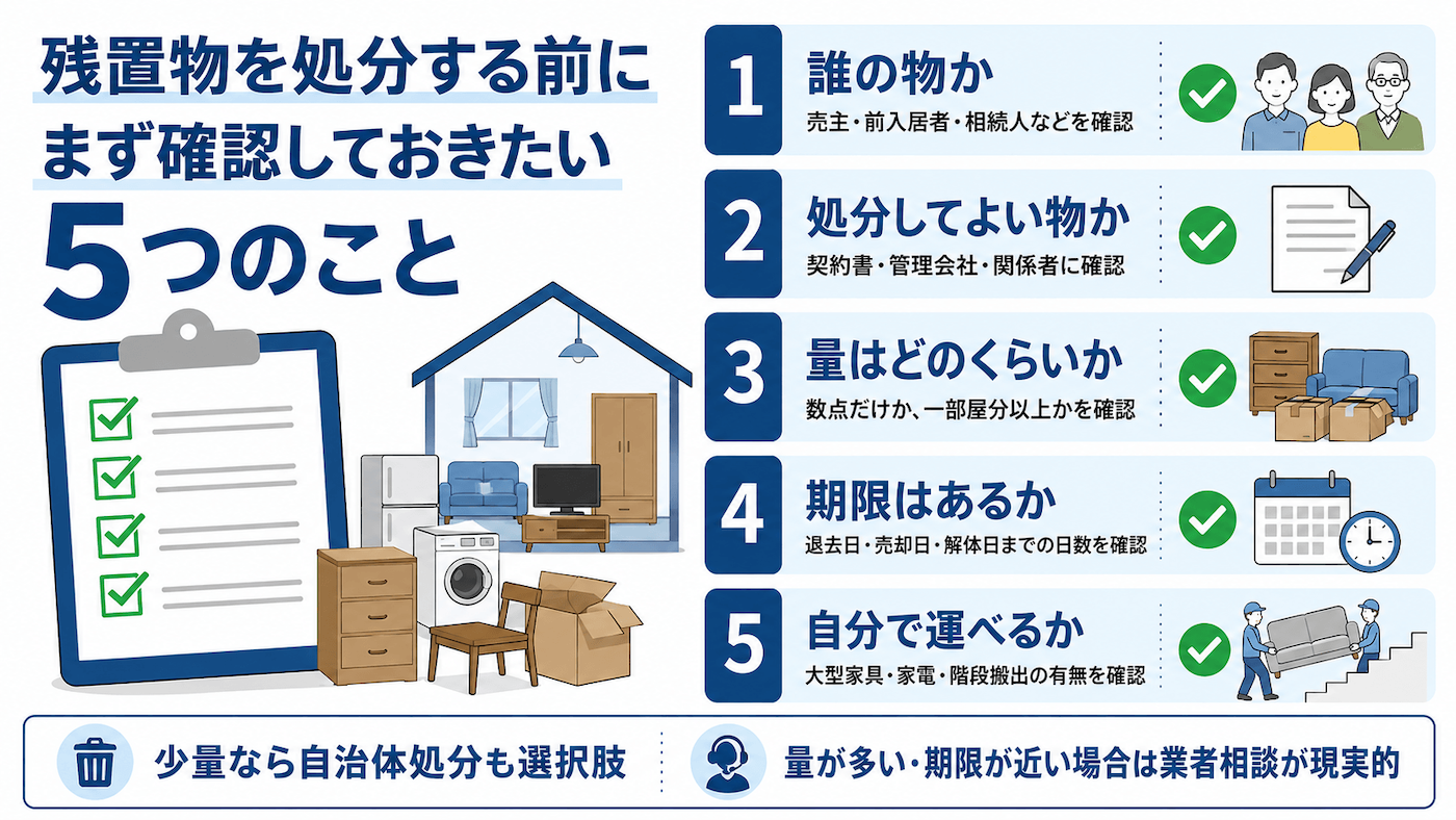 残置物を処分する前に確認しておきたい5つのこと。誰の物か、処分してよい物か、量、期限、自分で運べるかを整理したチェックリスト図。