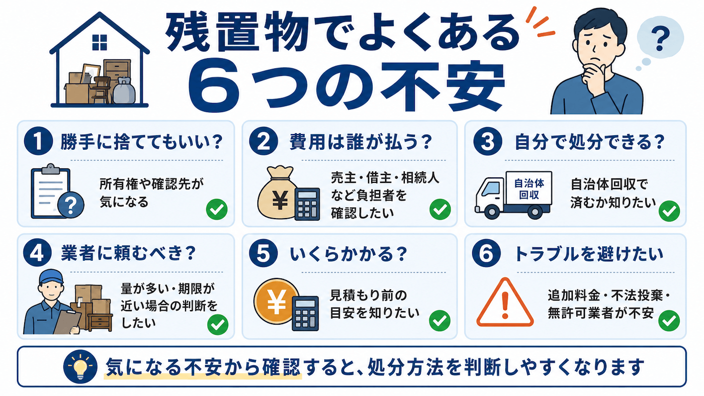 一軒家のゴミ屋敷片付けで多い、費用、作業日数、近隣への配慮、立ち会い、見積もり、片付け範囲に関する不安を整理した図。