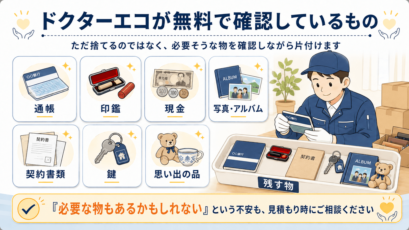 ドクターエコがゴミ屋敷片付けで通帳・印鑑・現金・写真・アルバム・契約書類・鍵などを無料で確認する対応