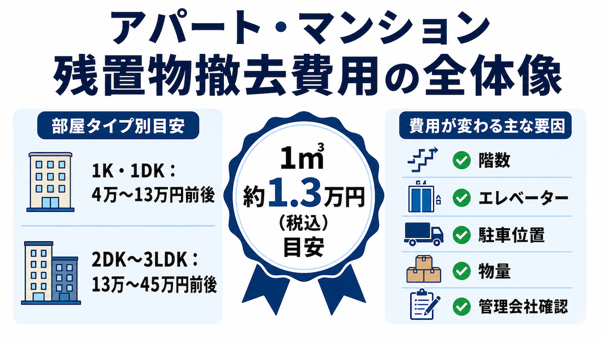 アパート・マンションの残置物撤去費用の全体像 アパート・マンションの残置物撤去費用について、1立方メートルあたり約1.3万円の目安、間取り別の相場、階数やエレベーターなど費用が変わる要因をまとめた図