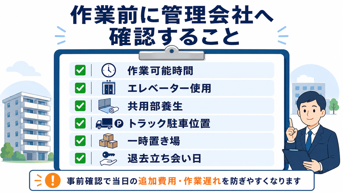 マンション残置物撤去前に管理会社へ確認すること マンションやアパートで残置物撤去を行う前に、作業時間、エレベーター使用、共用部養生、駐車位置、一時置き場、退去立ち会い日を管理会社に確認するチェックリスト