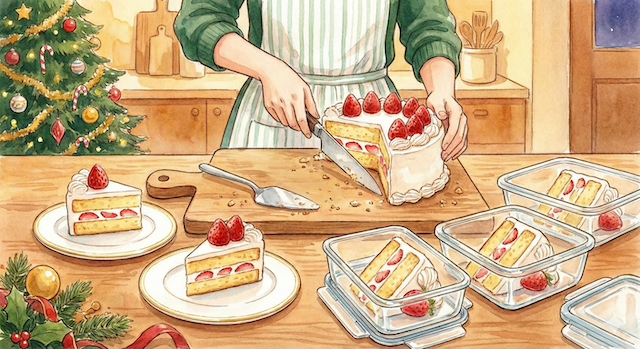 クリスマスケーキを小分けして保存する様子
