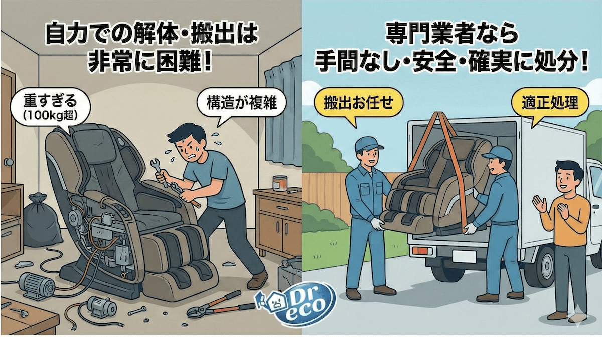 マッサージチェアの捨て方完全ガイド｜自力搬出と回収業者の比較イメージ