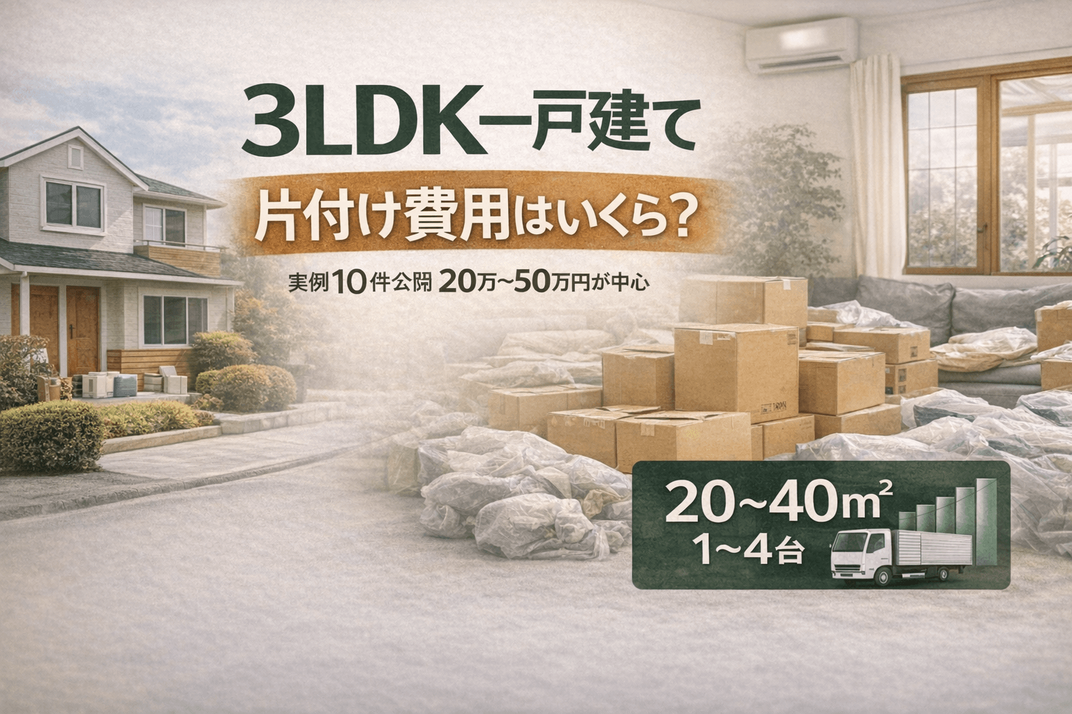 3LDK一戸建ての片付け費用相場（実例10件公開・20万〜50万円が中心・20〜40㎡・1〜4台）