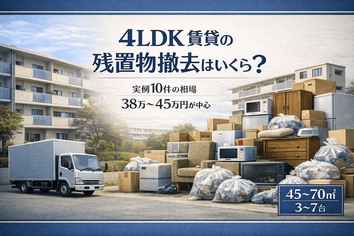 4LDK賃貸マンションの残置物撤去費用の相場を示したイメージ。実例10件で38万〜45万円が中心、物量45〜70㎥・トラック3〜7台の目安を表示。