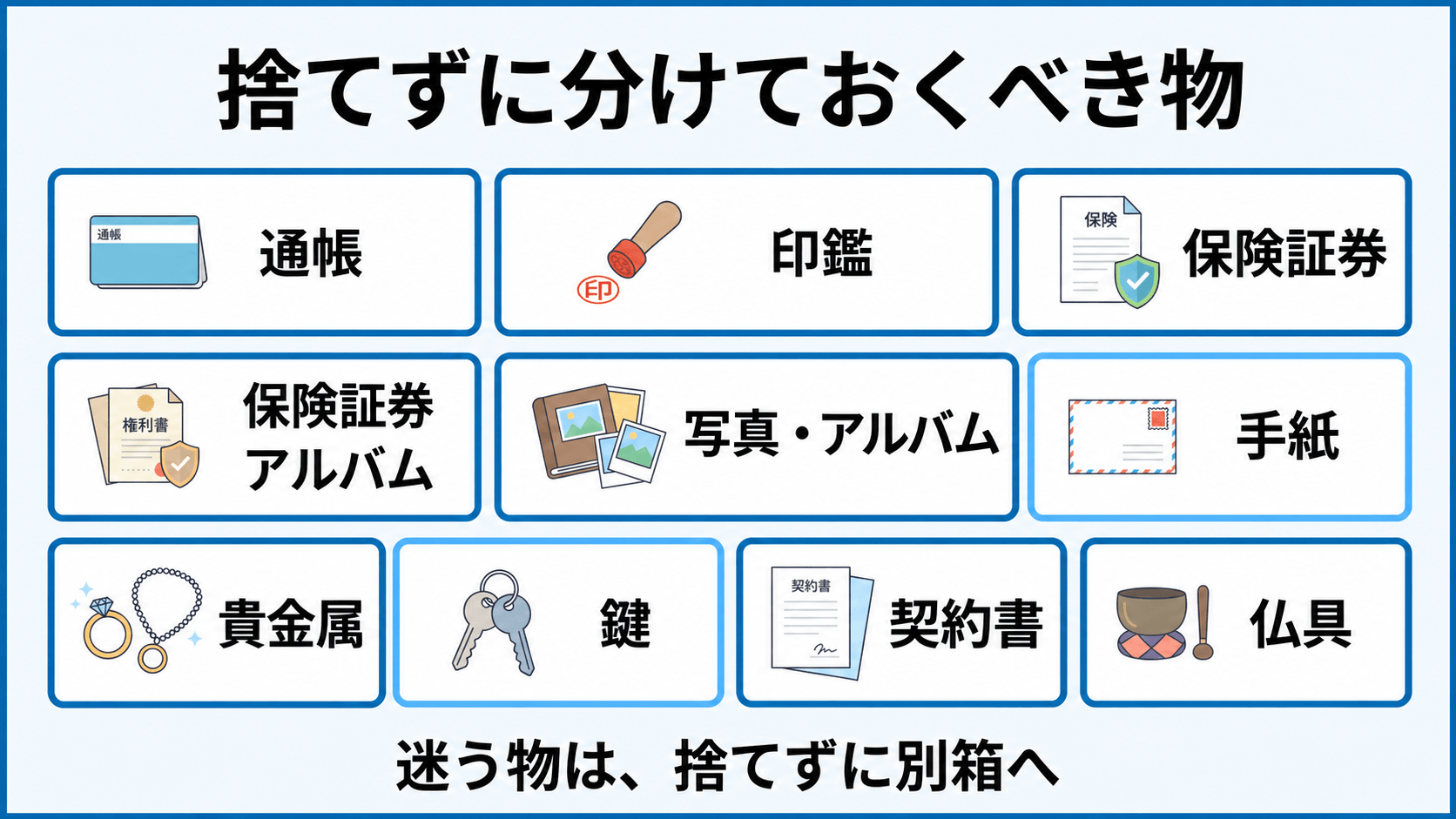 実家や人の荷物を片付けるときに、通帳、印鑑、権利書、写真、貴金属、鍵などを捨てずに分けておくべきことを示す図