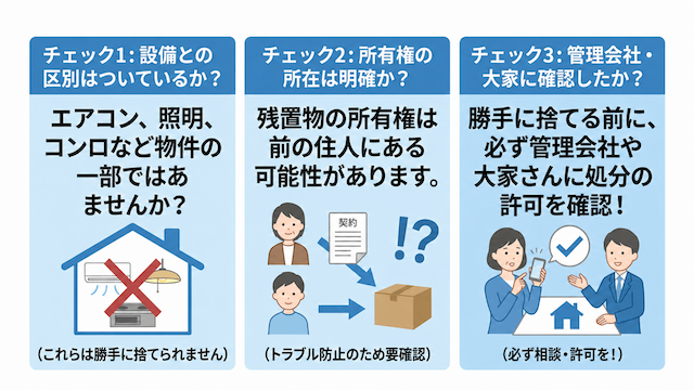 残置物を捨てる前に設備との区別、所有権の確認、管理会社や大家への確認が必要であることを示す3つのチェック図
