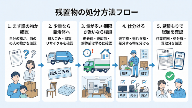残置物を処分する前に所有者を確認し、少量なら自治体へ、量が多い場合は相談し、仕分けと見積もり確認へ進む流れを示す図