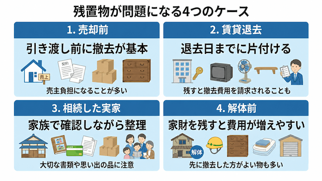 残置物が問題になりやすい売却前、賃貸退去、相続した実家、解体前の4つのケースを比較した図