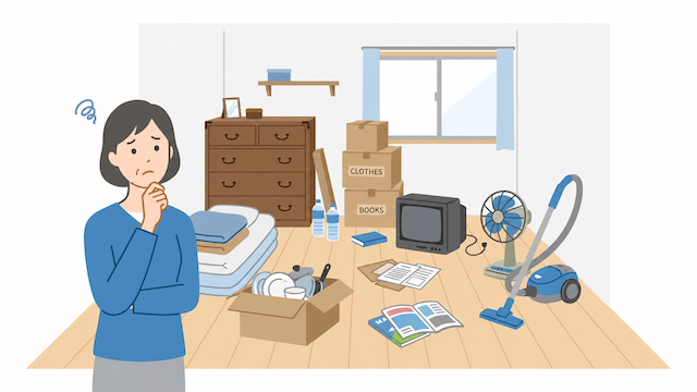 家具・家電・段ボールなどの残置物が残った部屋で、片付けに困っている女性のイラスト