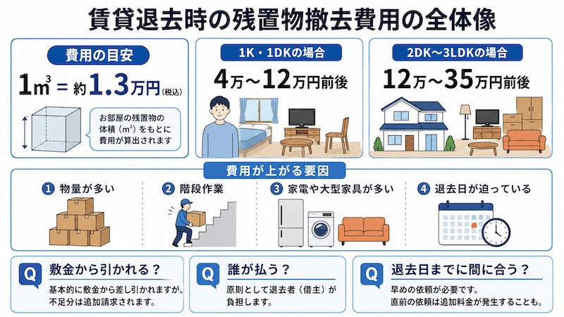 賃貸退去時の残置物撤去費用について、1立方メートルあたり約1.3万円の目安、1Kから3LDKの費用相場、費用が上がる主な要因をまとめた図