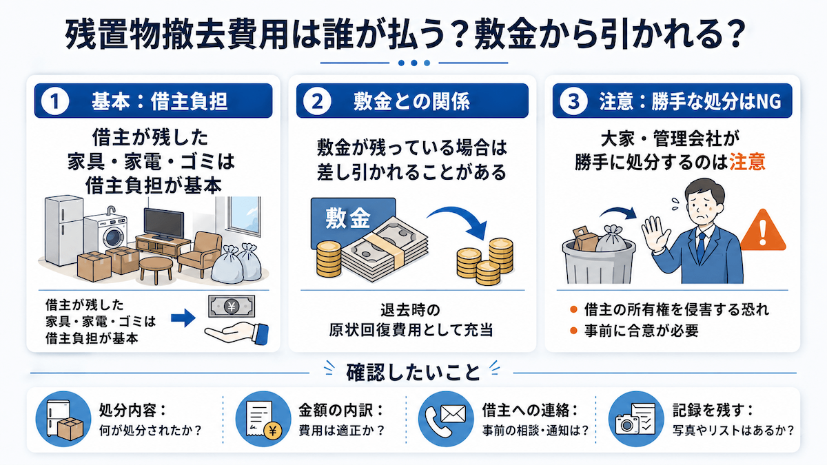 賃貸退去時の残置物撤去費用について、借主負担が基本であること、敷金から差し引かれる場合があること、大家が勝手に処分する際の注意点を整理した図