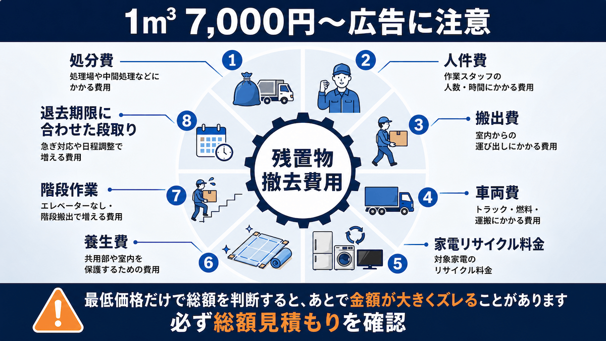 残置物撤去費用が処分費だけでなく、人件費、搬出費、車両費、家電リサイクル料金、養生などで構成されていることを示した図